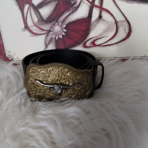 Western Longhorn Skull Statement Belt Engraved Gold Buckle Ranch Style - Picture 2 of 8